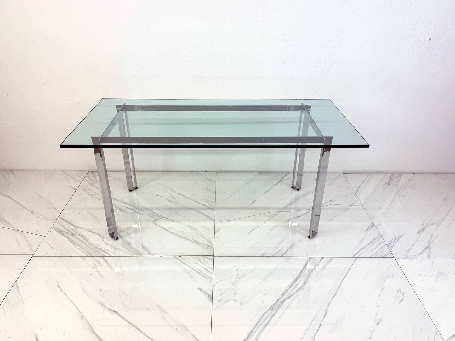 Mid Century Modern Polished Stainless Steel and Glass Dining Table