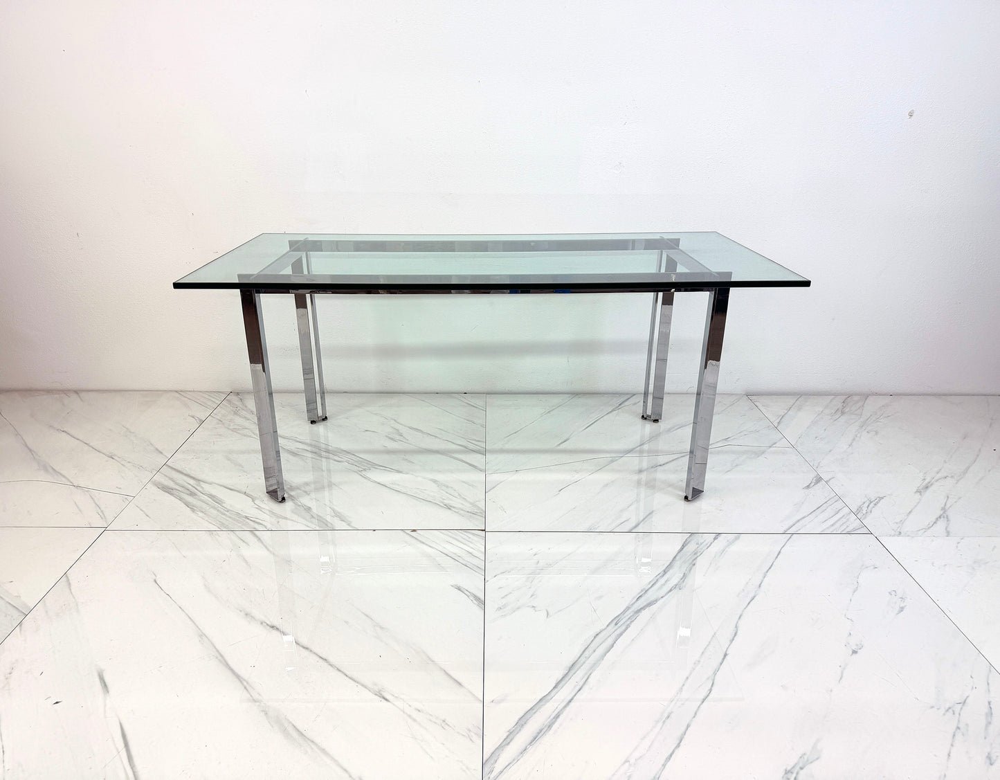Mid Century Modern Polished Stainless Steel and Glass Dining Table