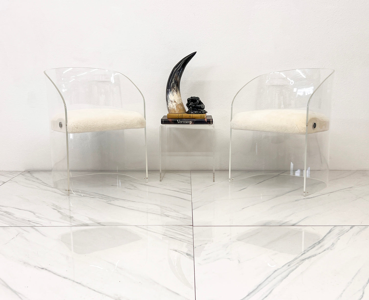 Vladimir Kagan Acrylic Barrel Lounge Chairs in Sheepskin, A Pair, 1970