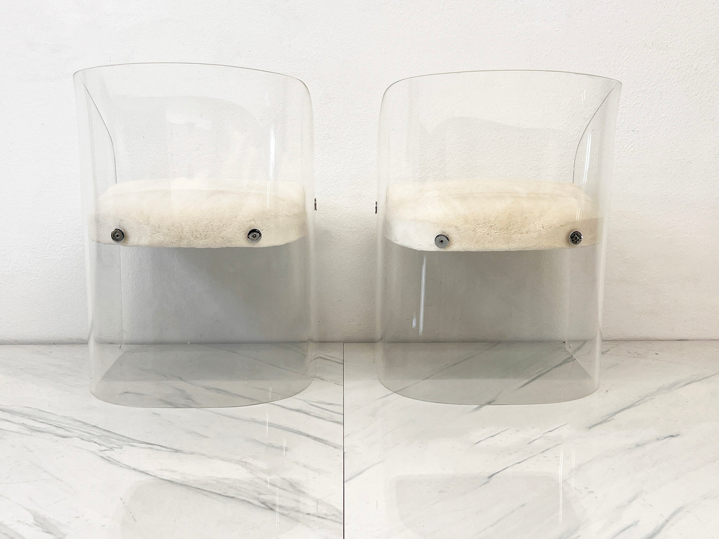Vladimir Kagan Acrylic Barrel Lounge Chairs in Sheepskin, A Pair, 1970
