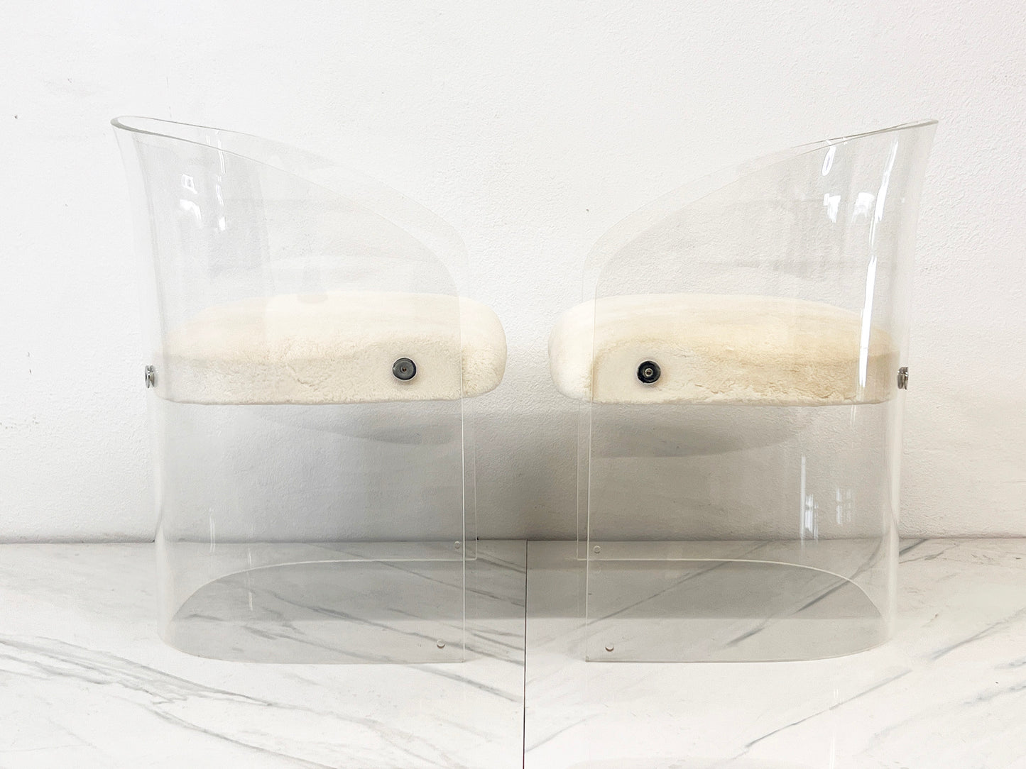 Vladimir Kagan Acrylic Barrel Lounge Chairs in Sheepskin, A Pair, 1970