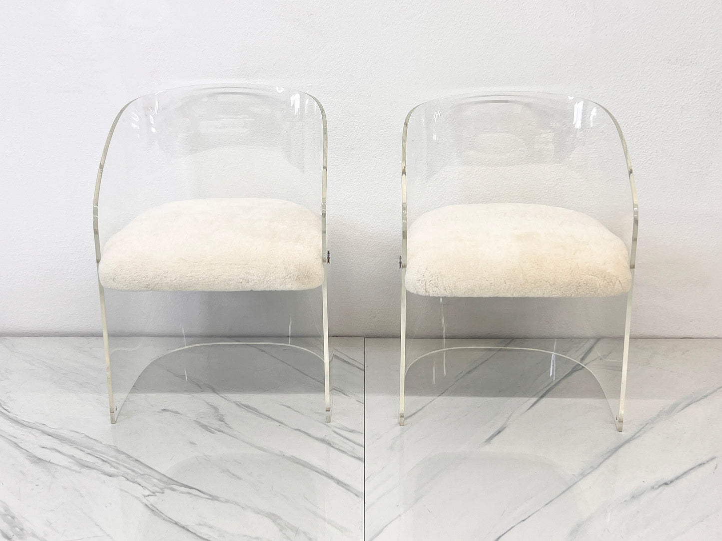 Vladimir Kagan Acrylic Barrel Lounge Chairs in Sheepskin, A Pair, 1970