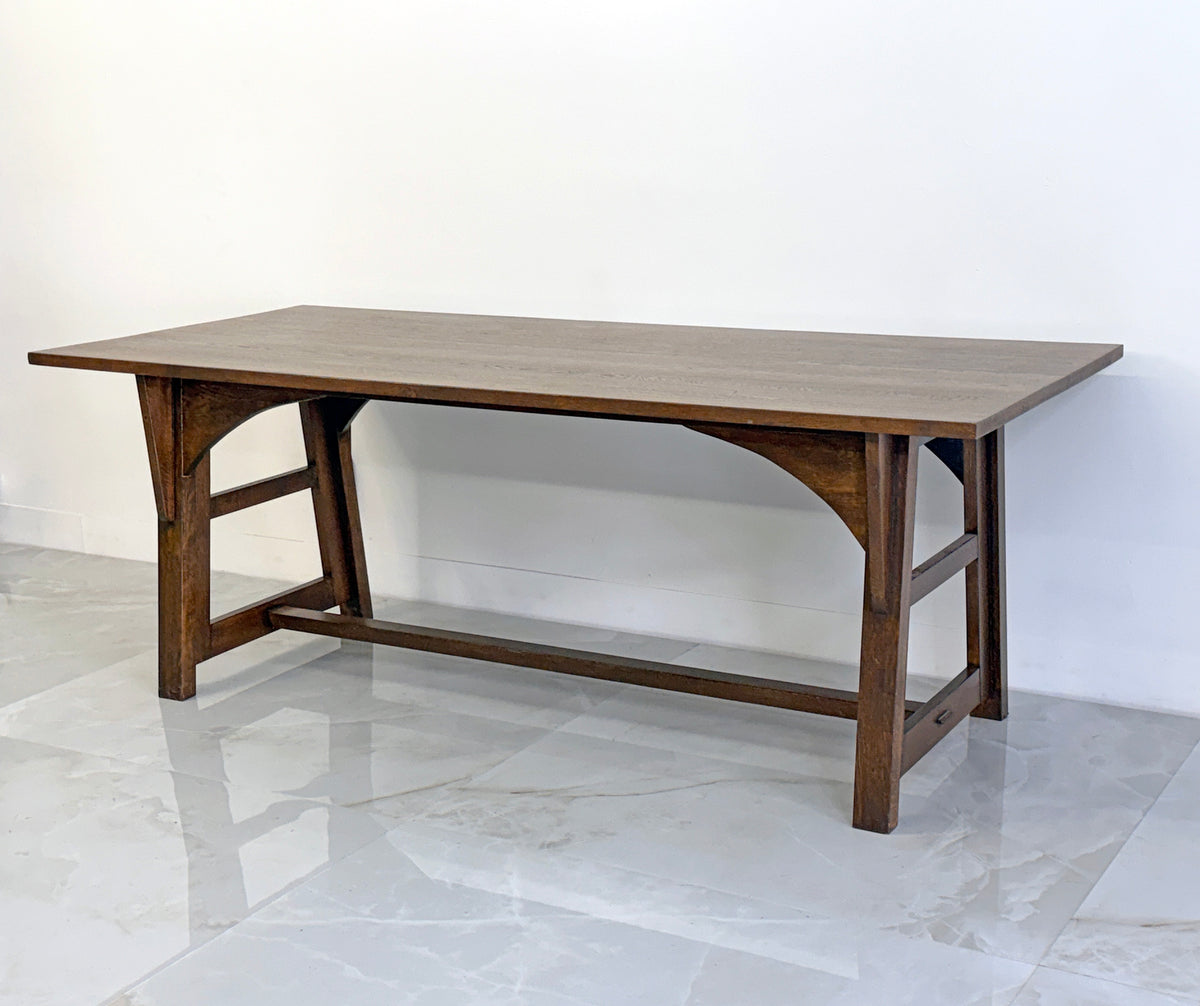 American Arts and Crafts Solid Oak Trestle Dining Table, 1960's
