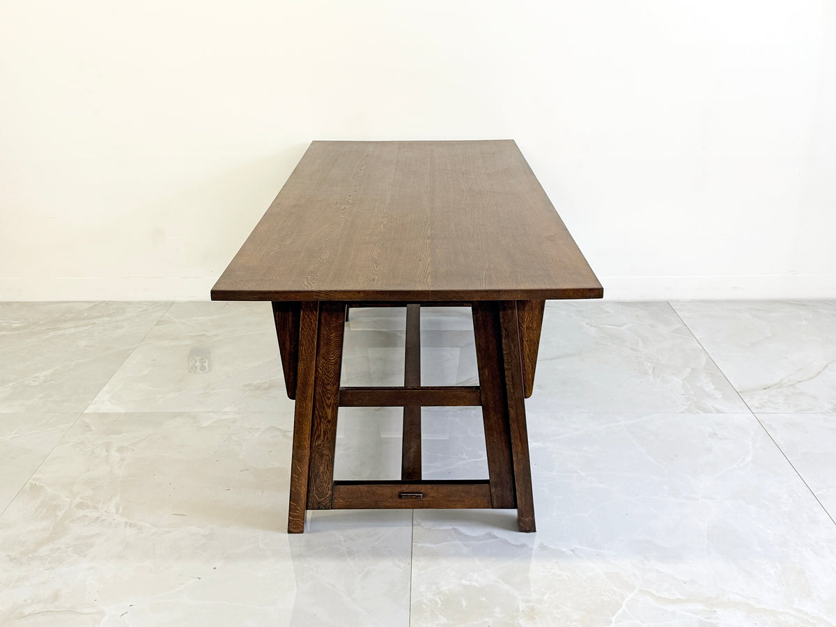 American Arts and Crafts Solid Oak Trestle Dining Table, 1960's