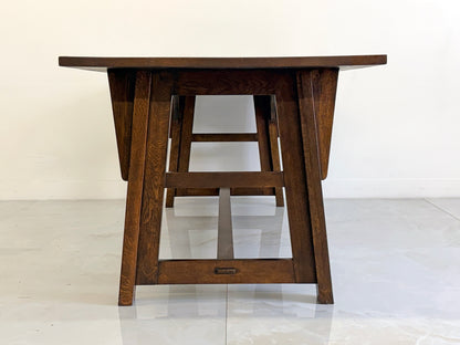 American Arts and Crafts Solid Oak Trestle Dining Table, 1960's