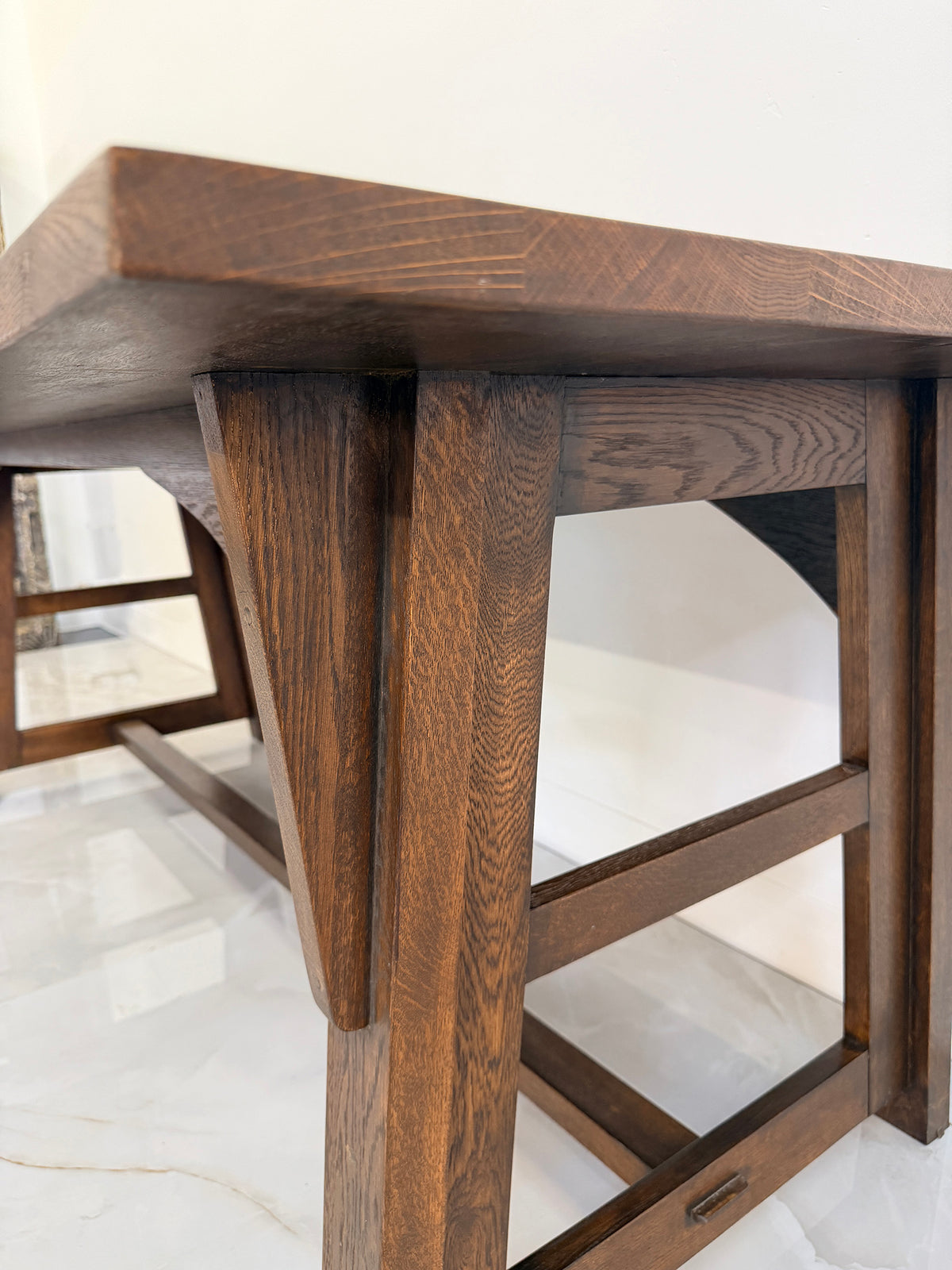American Arts and Crafts Solid Oak Trestle Dining Table, 1960's