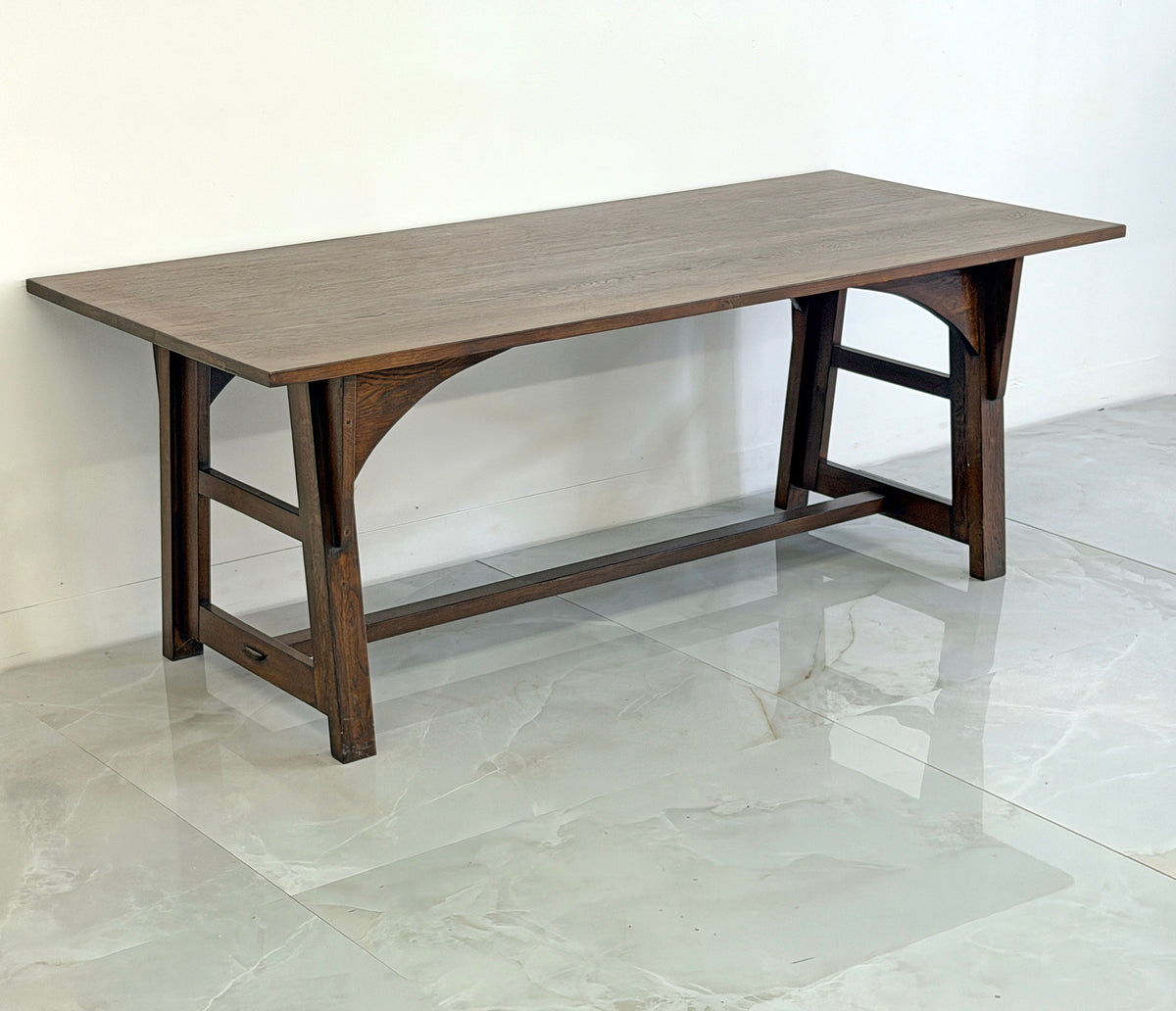 American Arts and Crafts Solid Oak Trestle Dining Table, 1960's
