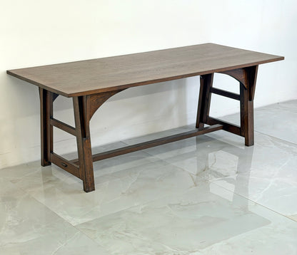 American Arts and Crafts Solid Oak Trestle Dining Table, 1960's