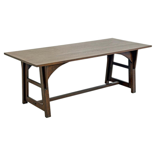 American Arts and Crafts Solid Oak Trestle Dining Table, 1960's