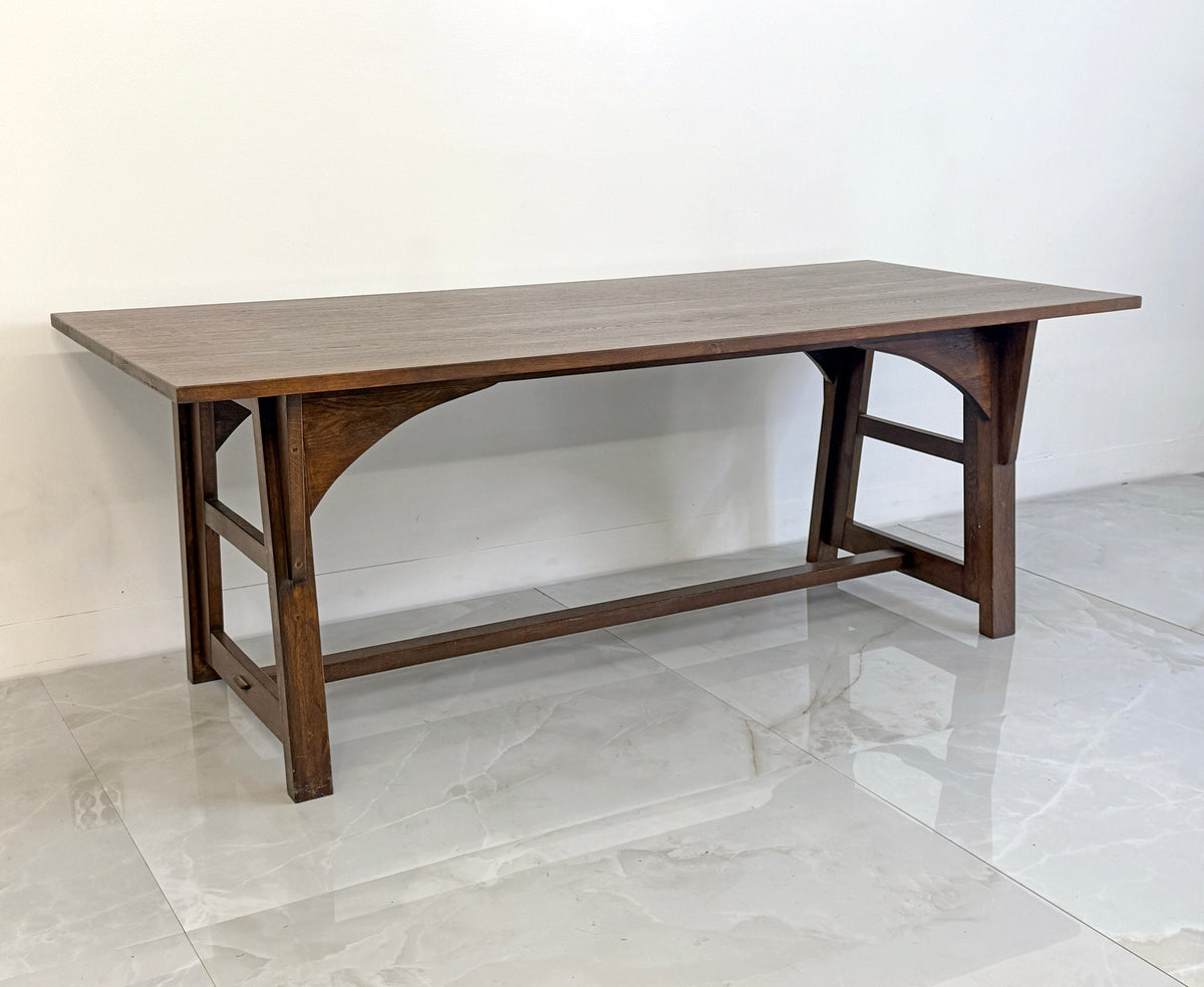 American Arts and Crafts Solid Oak Trestle Dining Table, 1960's