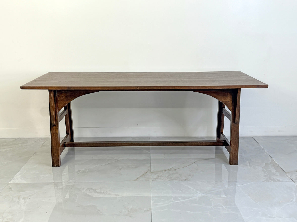 American Arts and Crafts Solid Oak Trestle Dining Table, 1960's