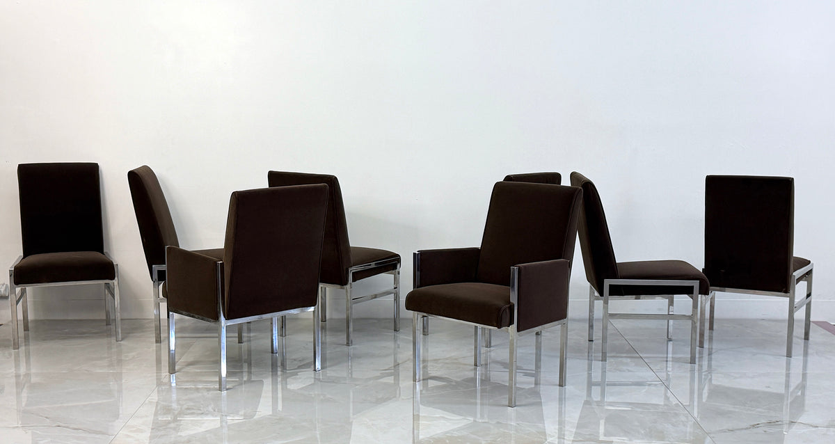 Leon Rosen Chrome Dining Chairs, Set of 8, Rohleder Chocolate Velvet, 1970's