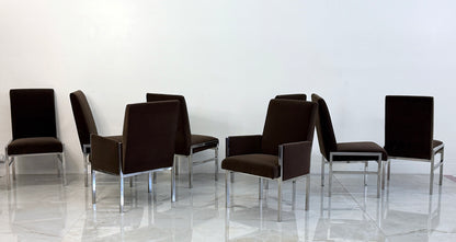 Leon Rosen Chrome Dining Chairs, Set of 8, Rohleder Chocolate Velvet, 1970's