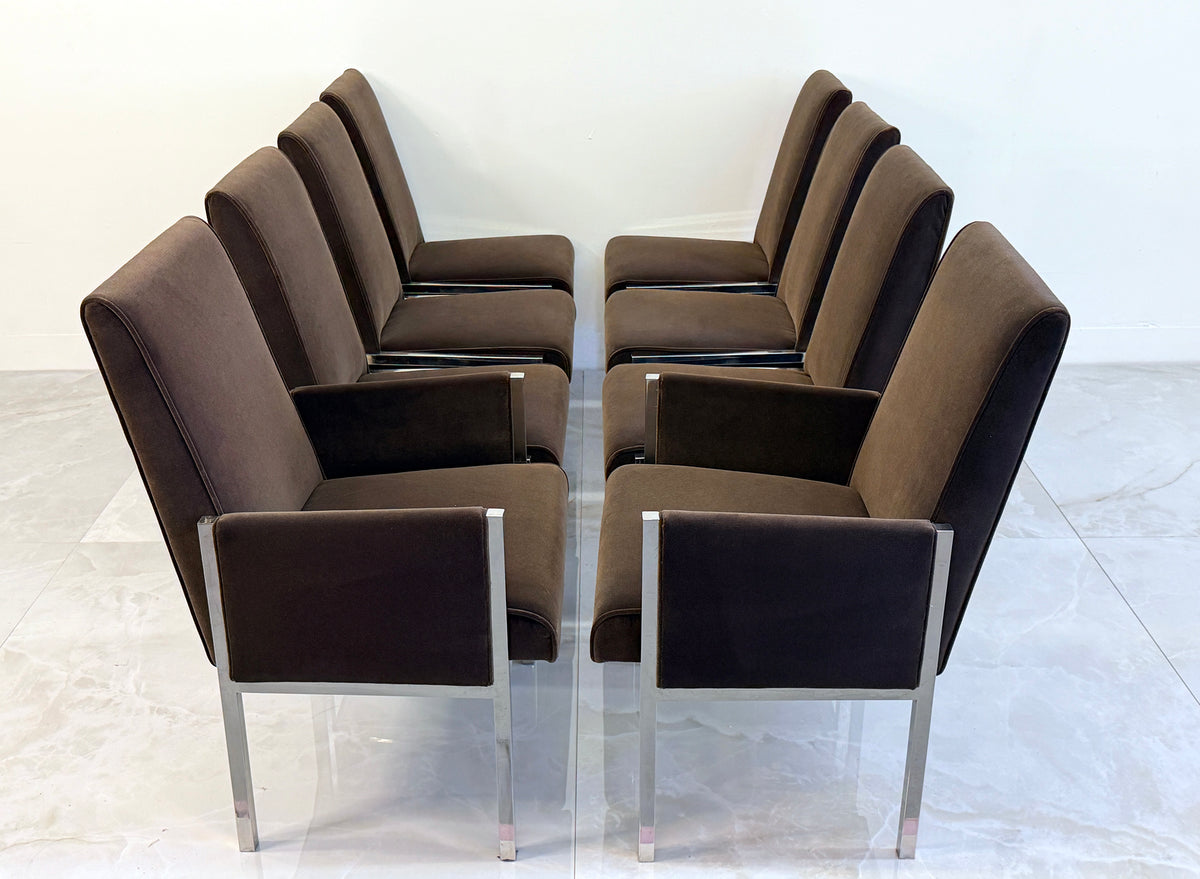 Leon Rosen Chrome Dining Chairs, Set of 8, Rohleder Chocolate Velvet, 1970's