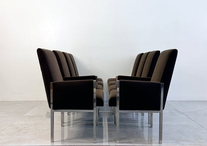 Leon Rosen Chrome Dining Chairs, Set of 8, Rohleder Chocolate Velvet, 1970's