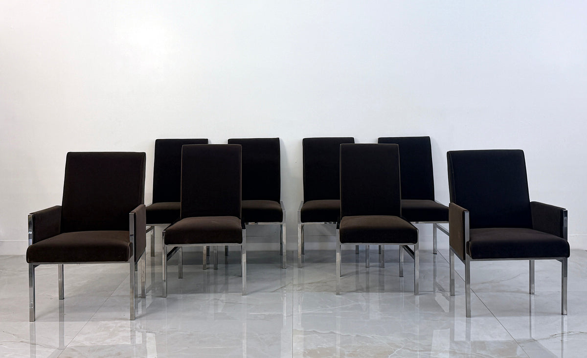 Leon Rosen Chrome Dining Chairs, Set of 8, Rohleder Chocolate Velvet, 1970's
