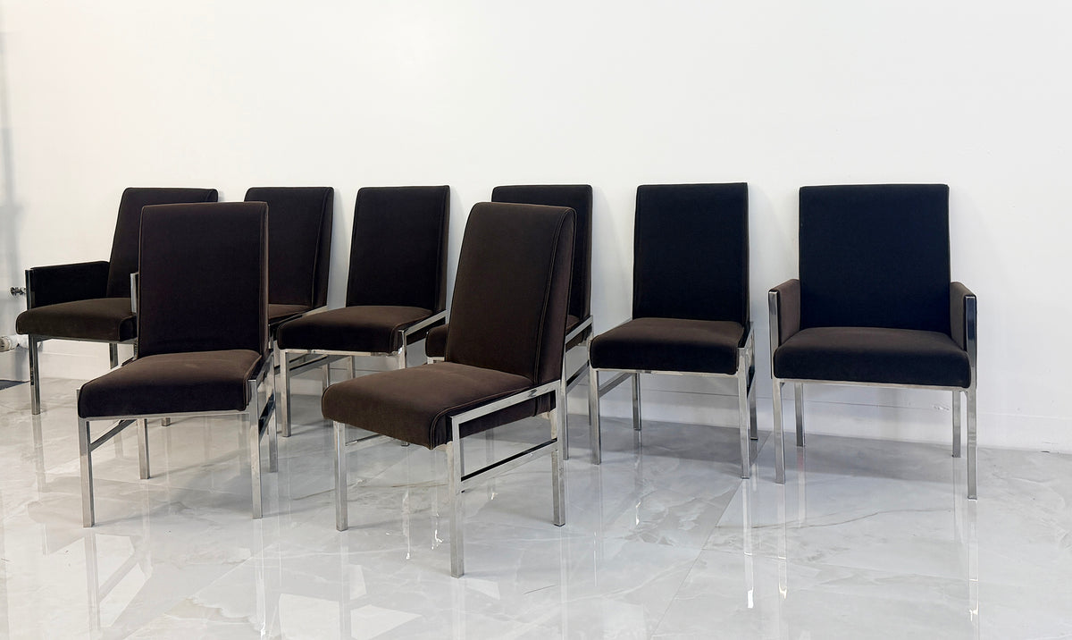 Leon Rosen Chrome Dining Chairs, Set of 8, Rohleder Chocolate Velvet, 1970's