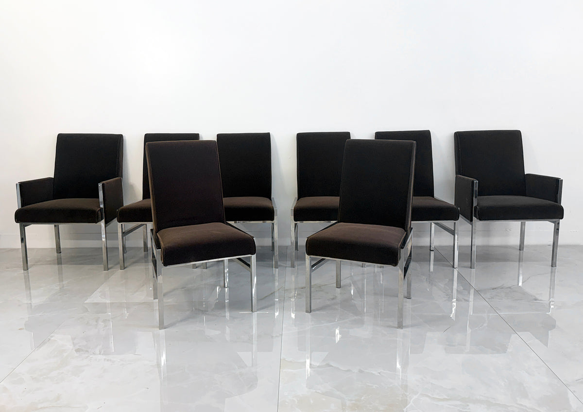 Leon Rosen Chrome Dining Chairs, Set of 8, Rohleder Chocolate Velvet, 1970's