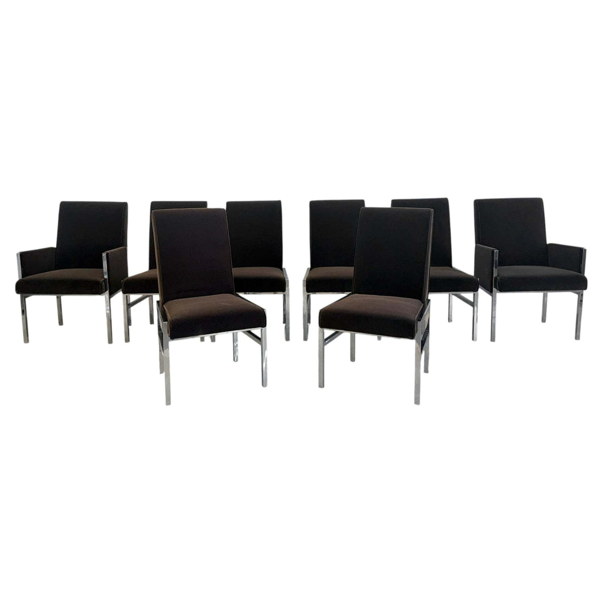 Leon Rosen Chrome Dining Chairs, Set of 8, Rohleder Chocolate Velvet, 1970's