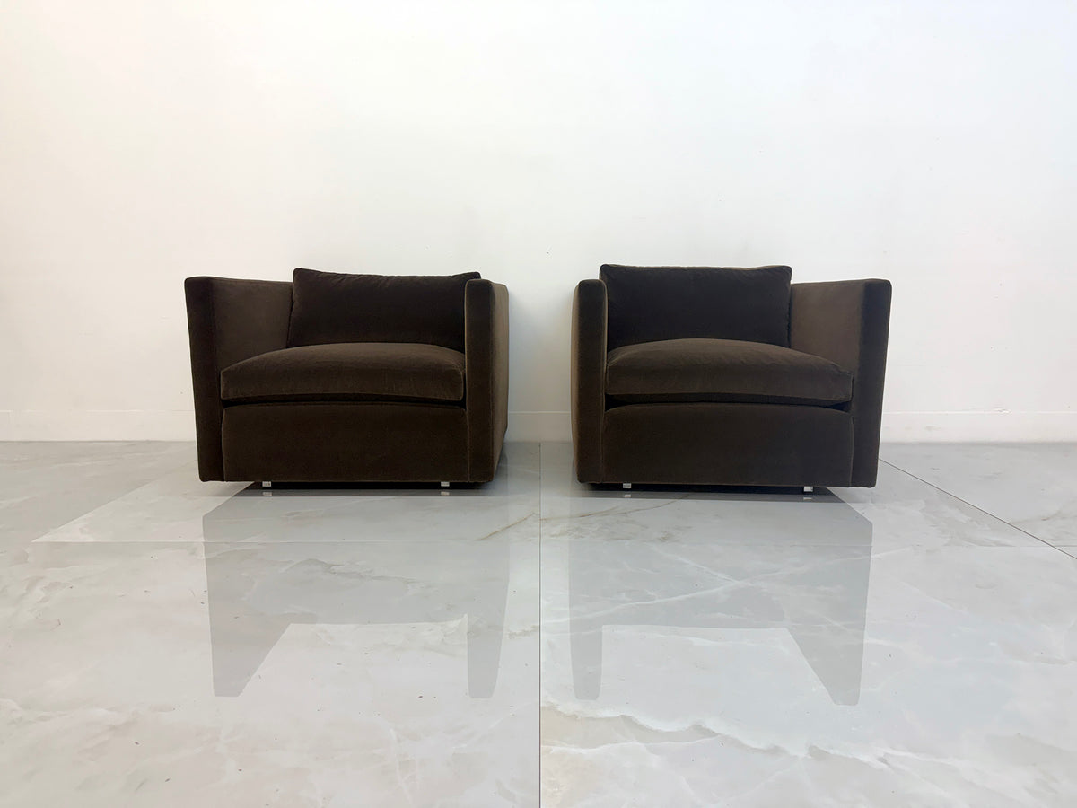 Knoll Charles Pfister Lounge Chairs, Chocolate Rohleder Velvet, A Pair