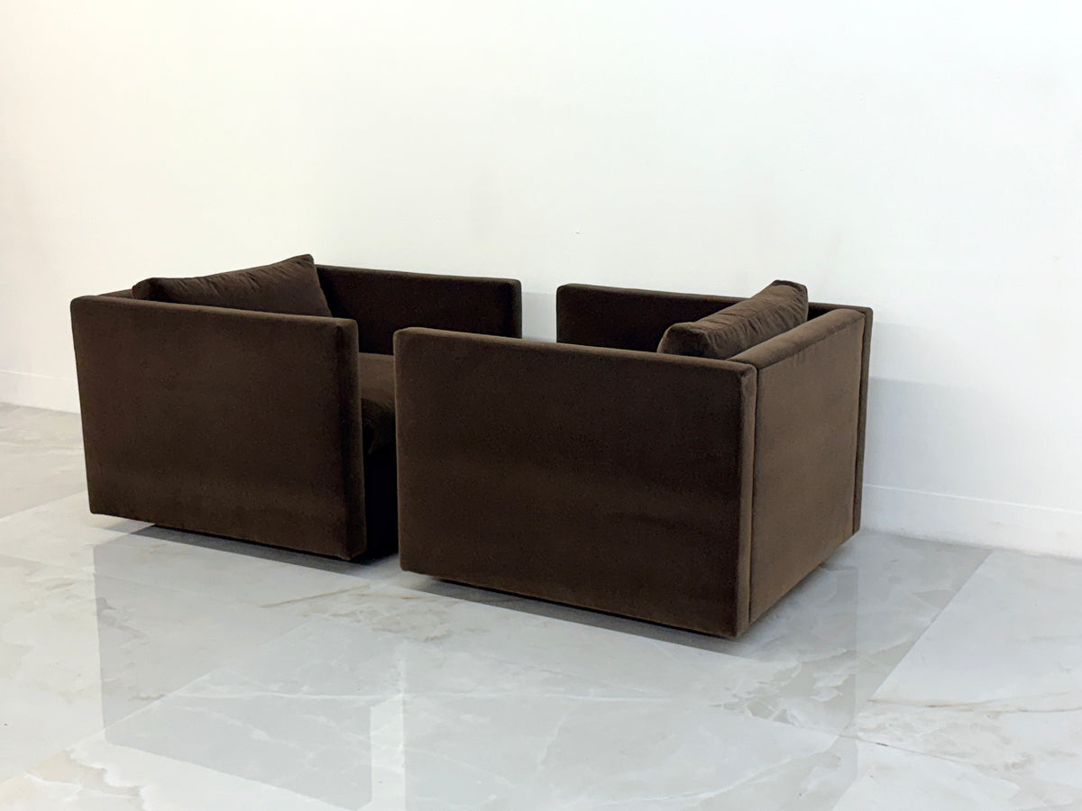 Knoll Charles Pfister Lounge Chairs, Chocolate Rohleder Velvet, A Pair