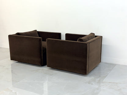 Knoll Charles Pfister Lounge Chairs, Chocolate Rohleder Velvet, A Pair