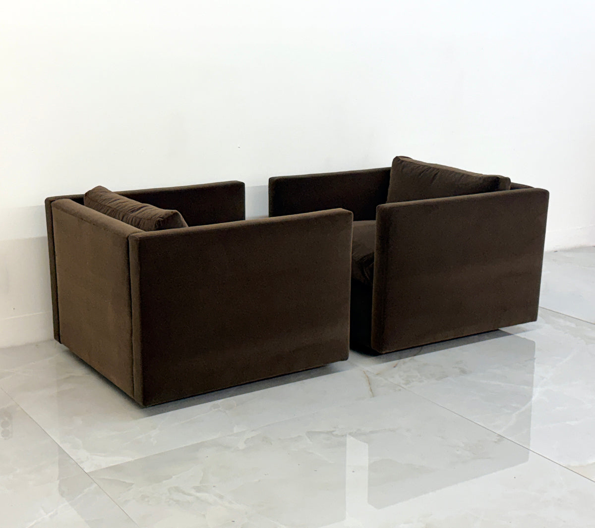 Knoll Charles Pfister Lounge Chairs, Chocolate Rohleder Velvet, A Pair