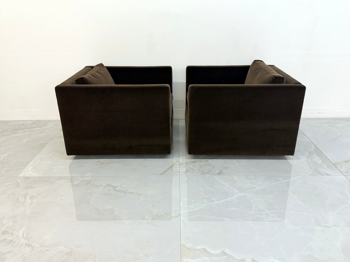 Knoll Charles Pfister Lounge Chairs, Chocolate Rohleder Velvet, A Pair