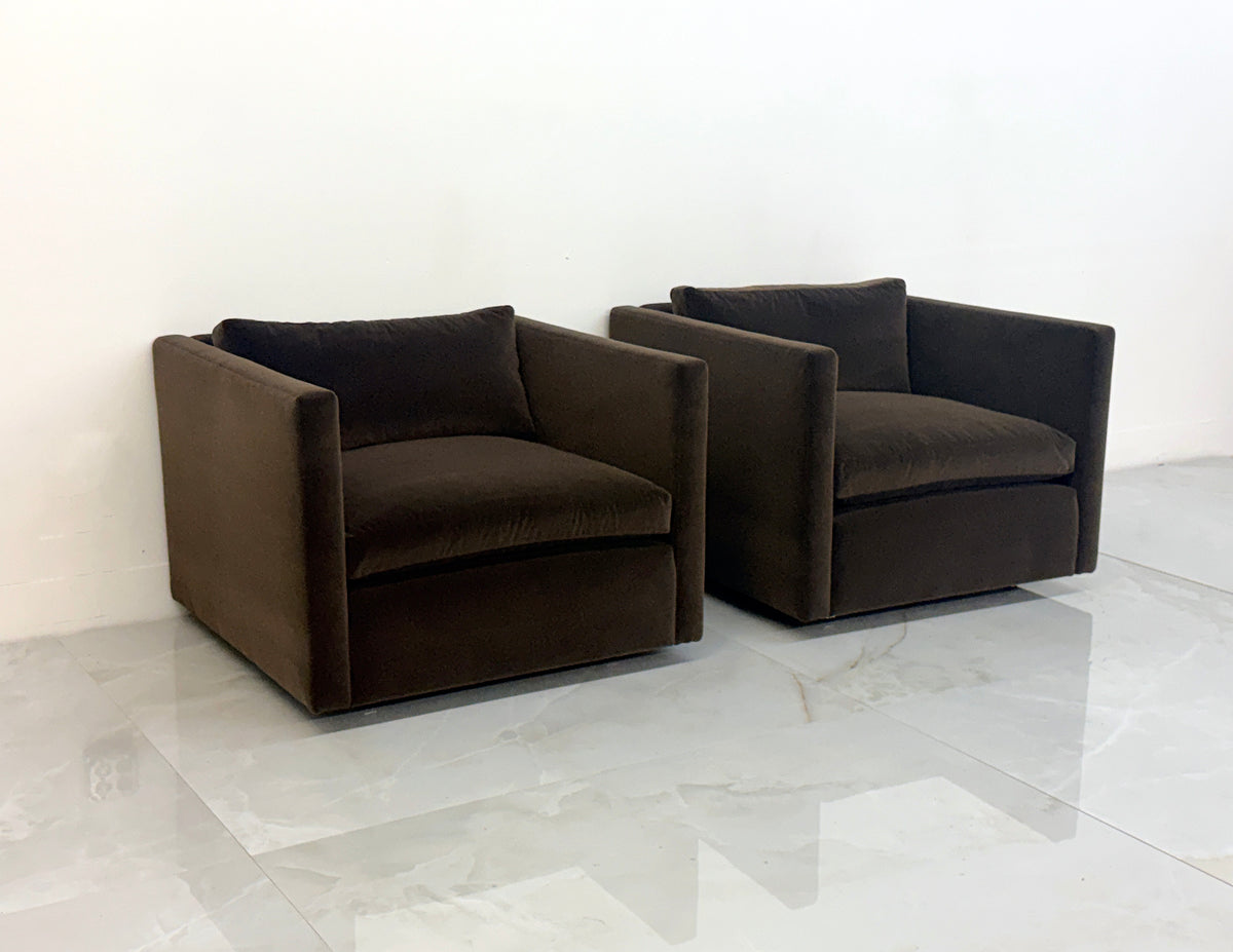 Knoll Charles Pfister Lounge Chairs, Chocolate Rohleder Velvet, A Pair