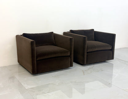 Knoll Charles Pfister Lounge Chairs, Chocolate Rohleder Velvet, A Pair