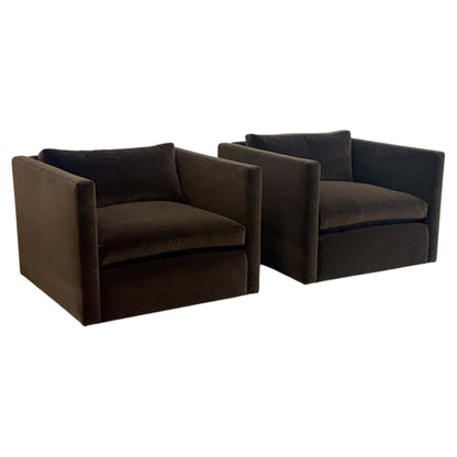 Knoll Charles Pfister Lounge Chairs, Chocolate Rohleder Velvet, A Pair