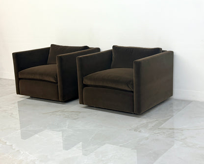 Knoll Charles Pfister Lounge Chairs, Chocolate Rohleder Velvet, A Pair