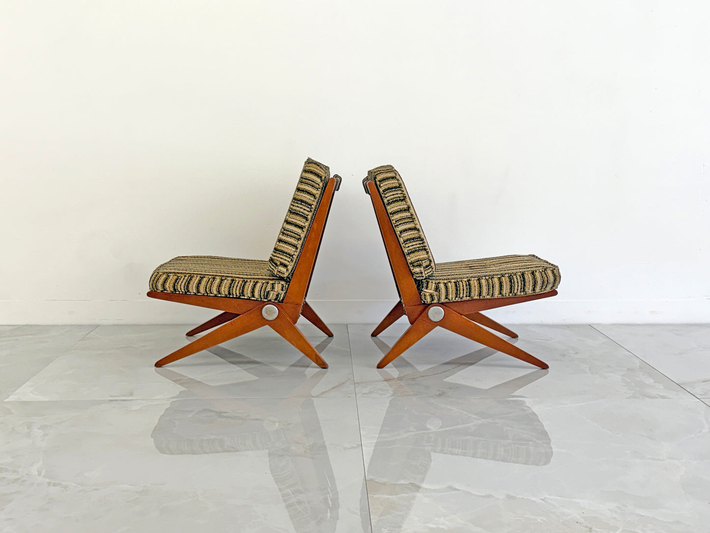 Pierre Jeanneret Scissor Lounge Chairs, Knoll, 1965, Original Cushions Included