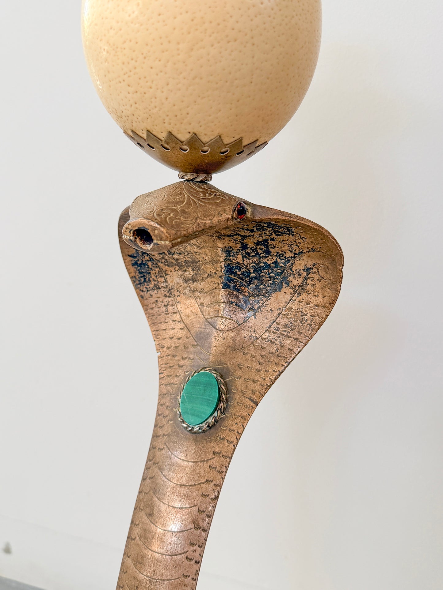 Anthony Redmile Brass Cobra, Ostrich Egg Crown, Malachite Inset, Candelabra