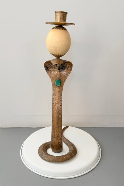 Anthony Redmile Brass Cobra, Ostrich Egg Crown, Malachite Inset, Candelabra