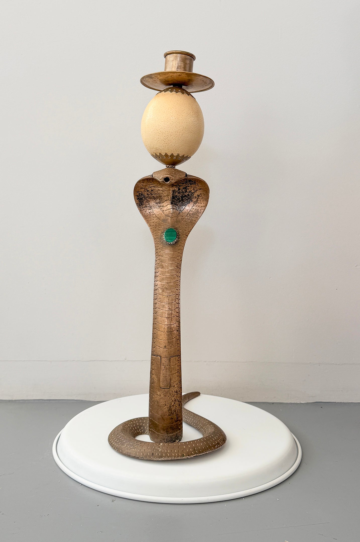 Anthony Redmile Brass Cobra, Ostrich Egg Crown, Malachite Inset, Candelabra