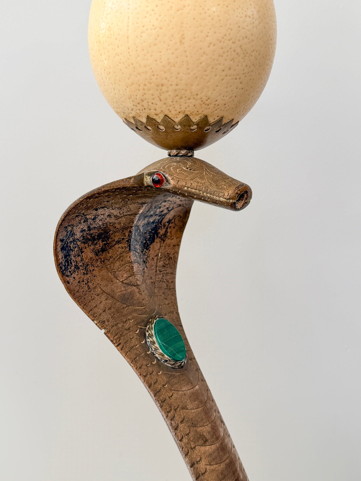 Anthony Redmile Brass Cobra, Ostrich Egg Crown, Malachite Inset, Candelabra