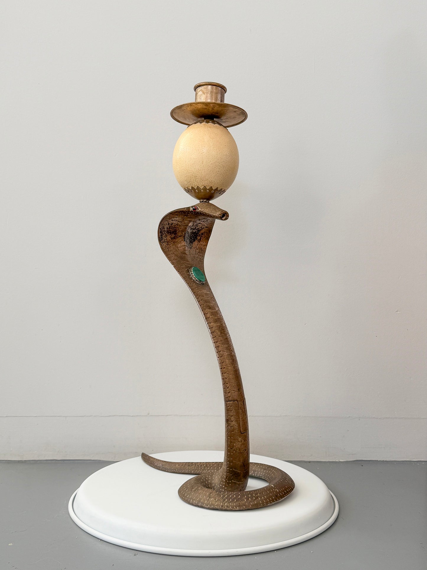 Anthony Redmile Brass Cobra, Ostrich Egg Crown, Malachite Inset, Candelabra