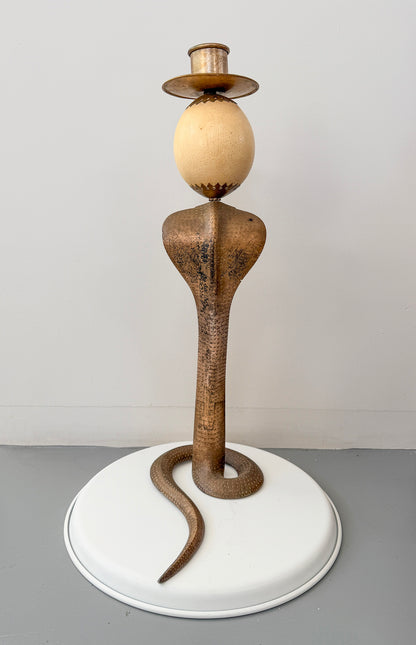 Anthony Redmile Brass Cobra, Ostrich Egg Crown, Malachite Inset, Candelabra