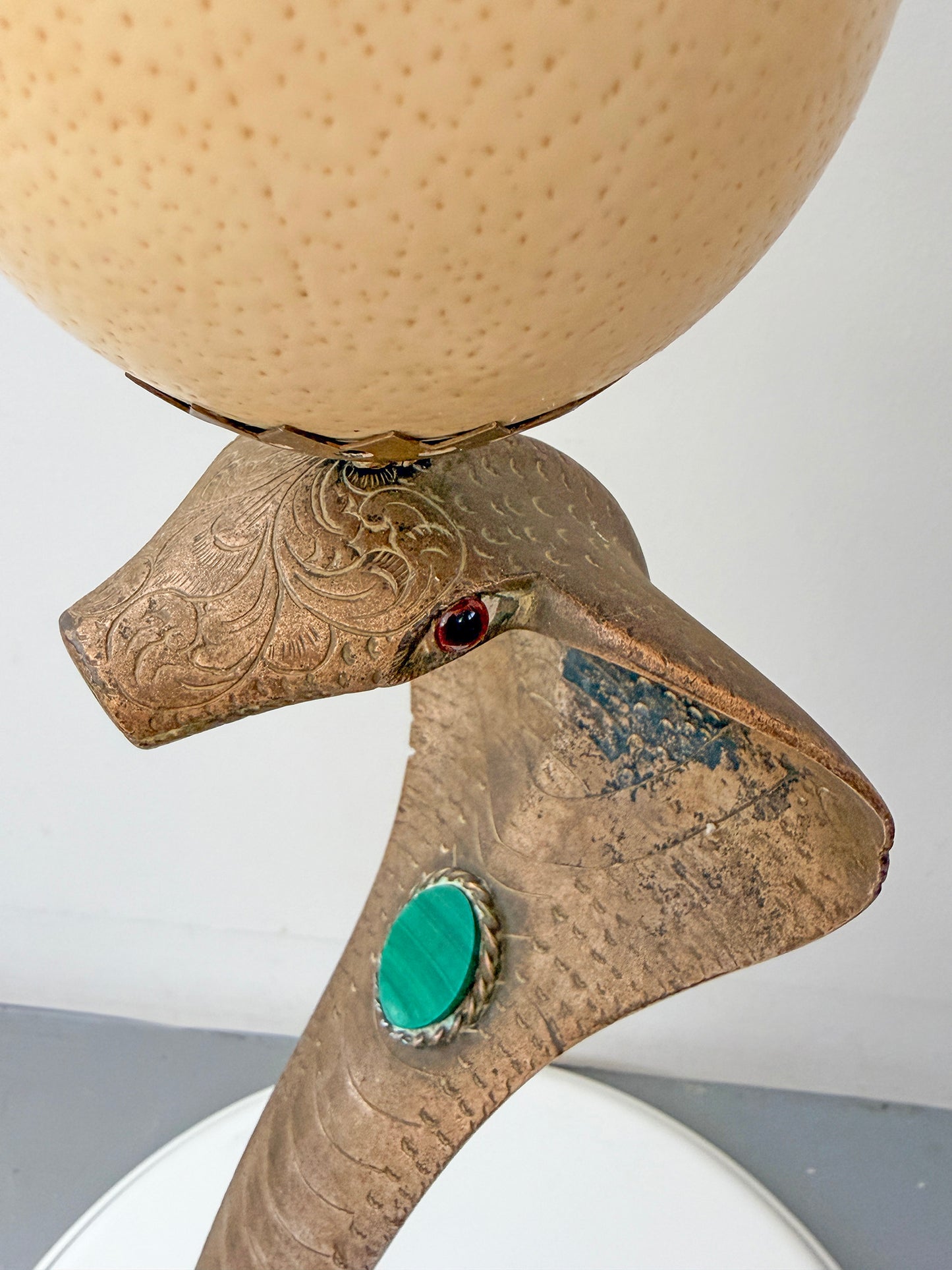 Anthony Redmile Brass Cobra, Ostrich Egg Crown, Malachite Inset, Candelabra