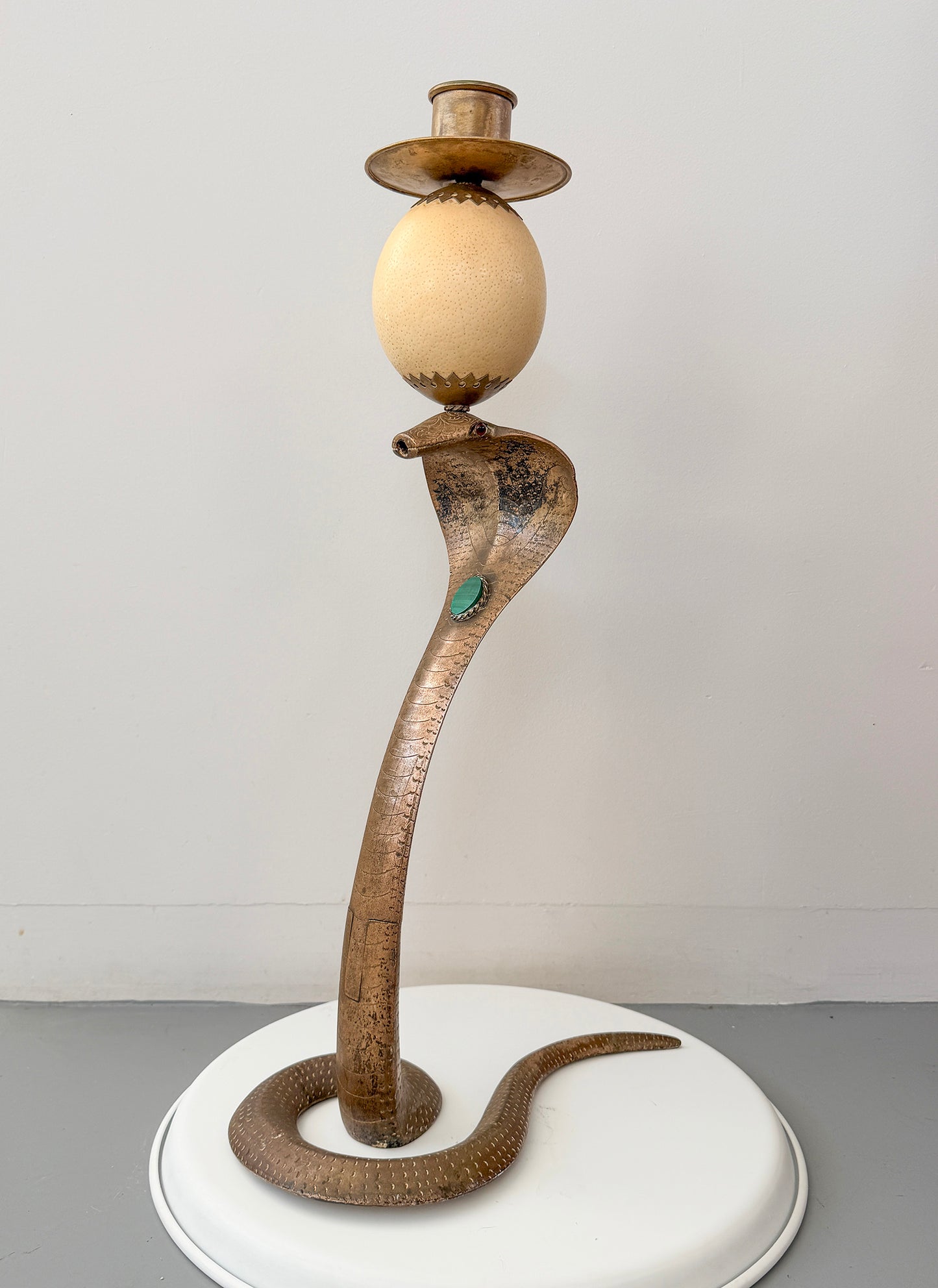 Anthony Redmile Brass Cobra, Ostrich Egg Crown, Malachite Inset, Candelabra