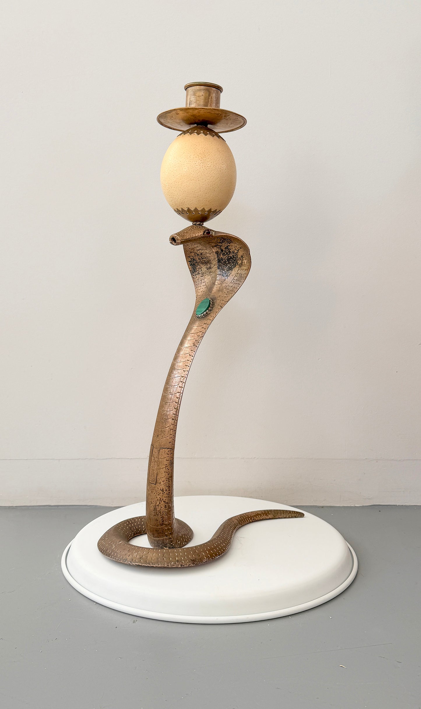 Anthony Redmile Brass Cobra, Ostrich Egg Crown, Malachite Inset, Candelabra