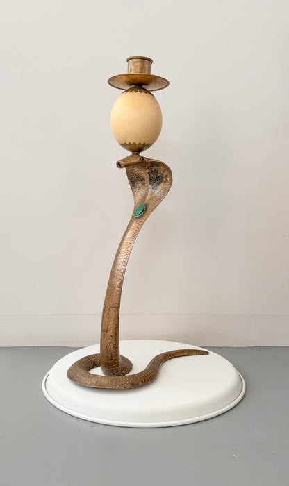 Anthony Redmile Brass Cobra, Ostrich Egg Crown, Malachite Inset, Candelabra