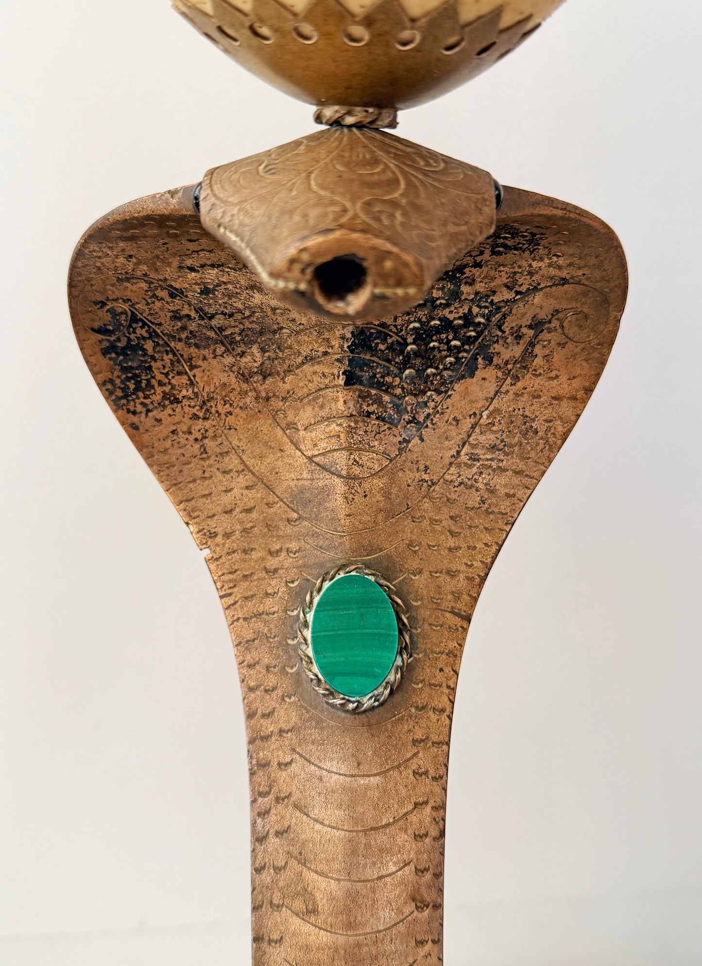 Anthony Redmile Brass Cobra, Ostrich Egg Crown, Malachite Inset, Candelabra