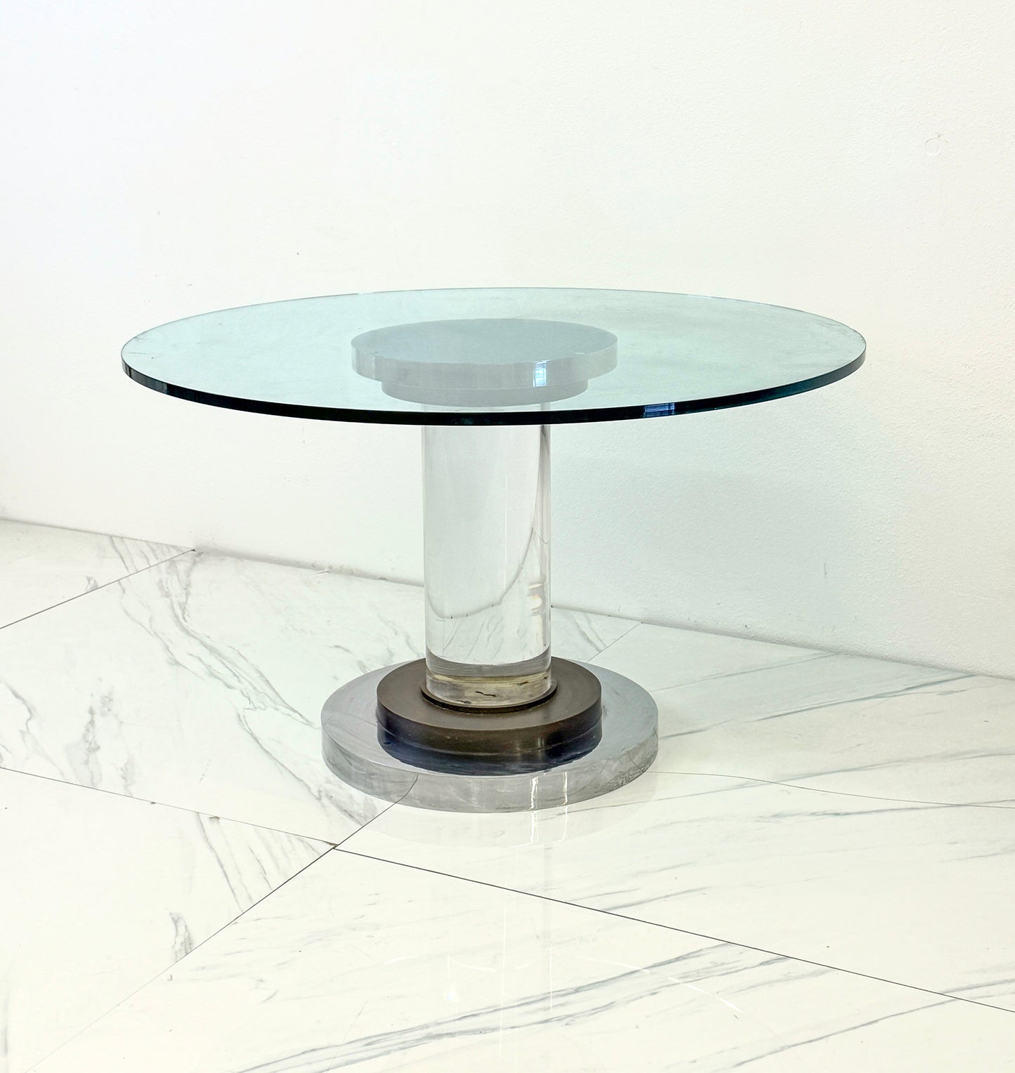Polished Stainless, Bronze and Lucite Pedestal Table, Romeo Rega, 1970's