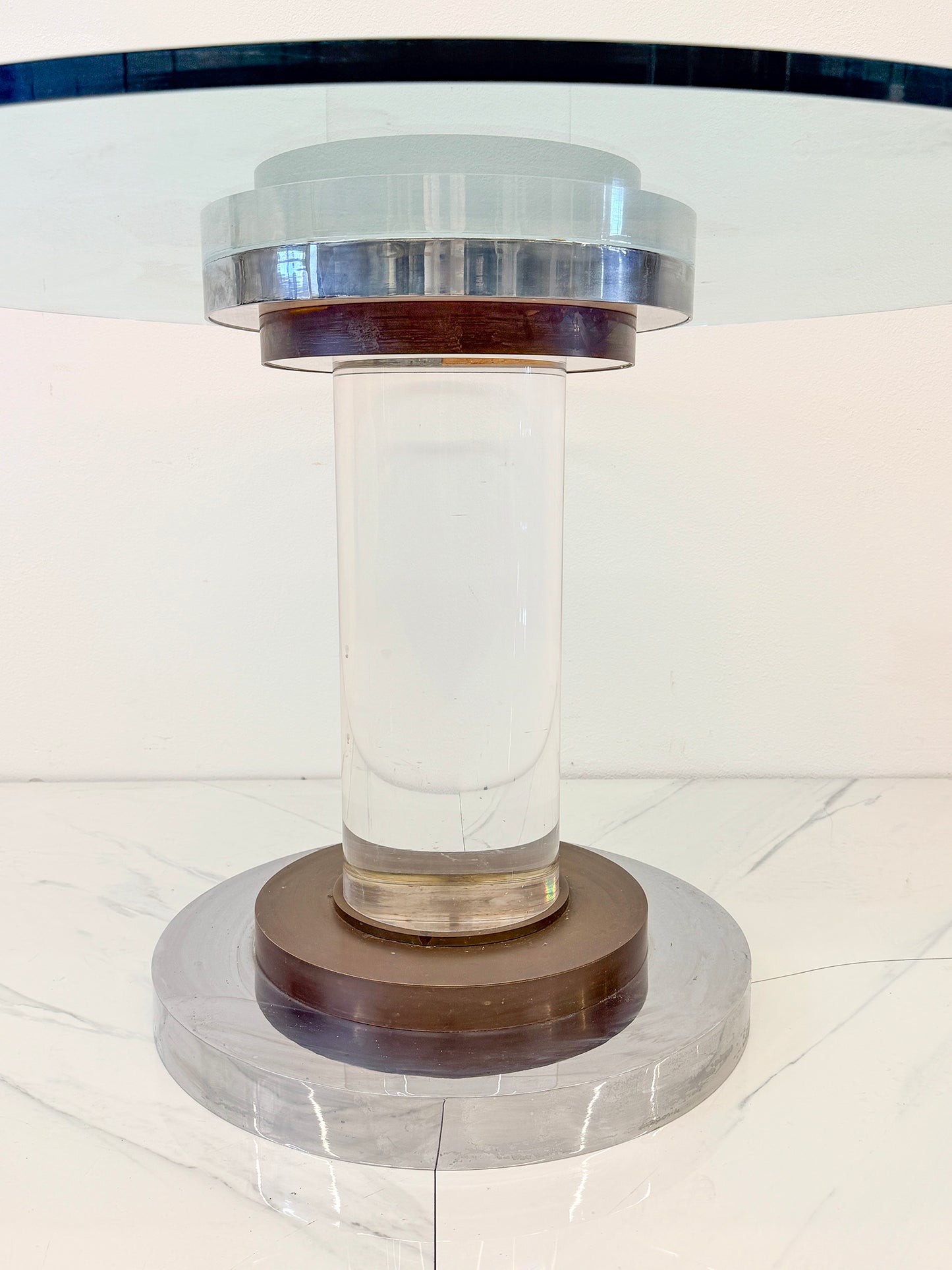 Polished Stainless, Bronze and Lucite Pedestal Table, Romeo Rega, 1970's