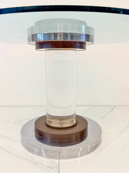 Polished Stainless, Bronze and Lucite Pedestal Table, Romeo Rega, 1970's