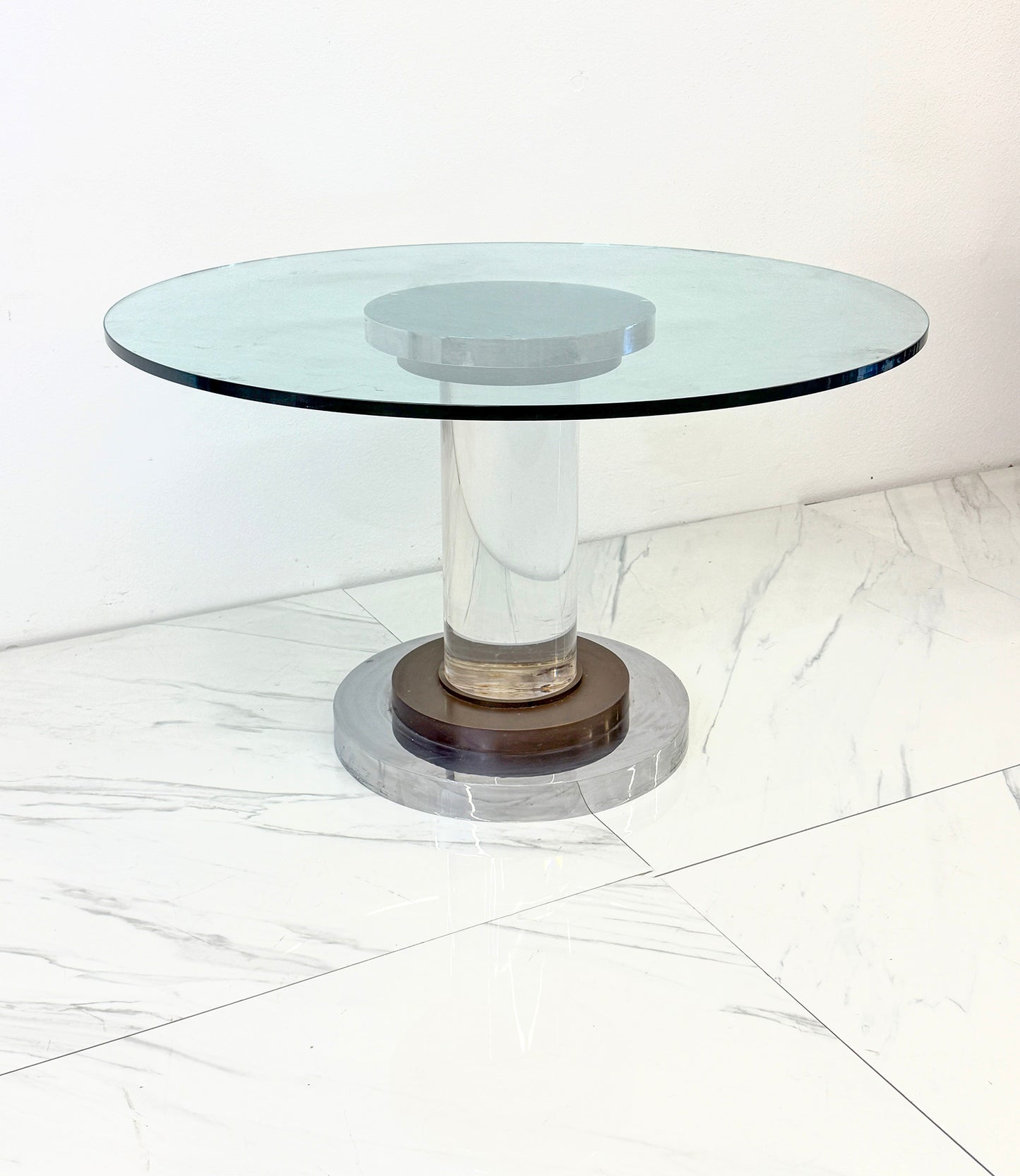 Polished Stainless, Bronze and Lucite Pedestal Table, Romeo Rega, 1970's